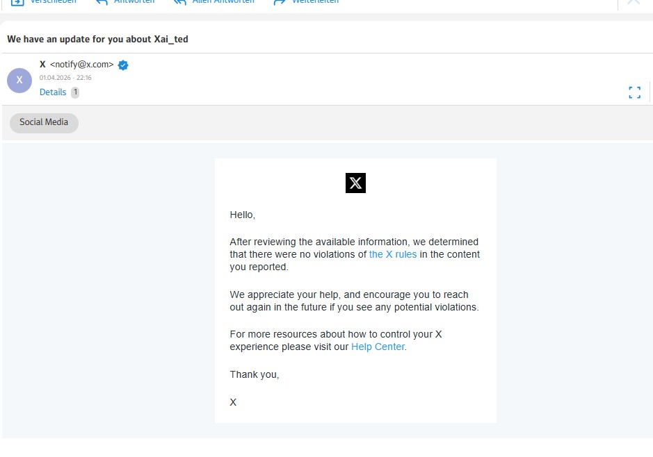 X response stating no violation after report